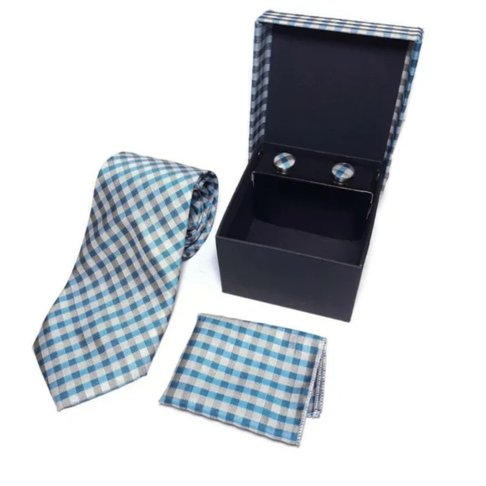 NEW 3pc Gift Tie Set Gingham Blue Print Cuff Links Hankerchief Pocket Square